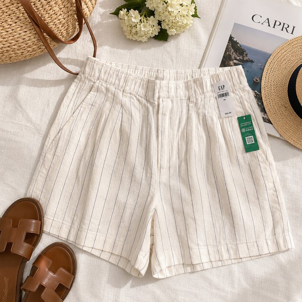Gap Linen Blend Shorts 14 NWT Blue Stripe  Coastal Summer Resort‎
